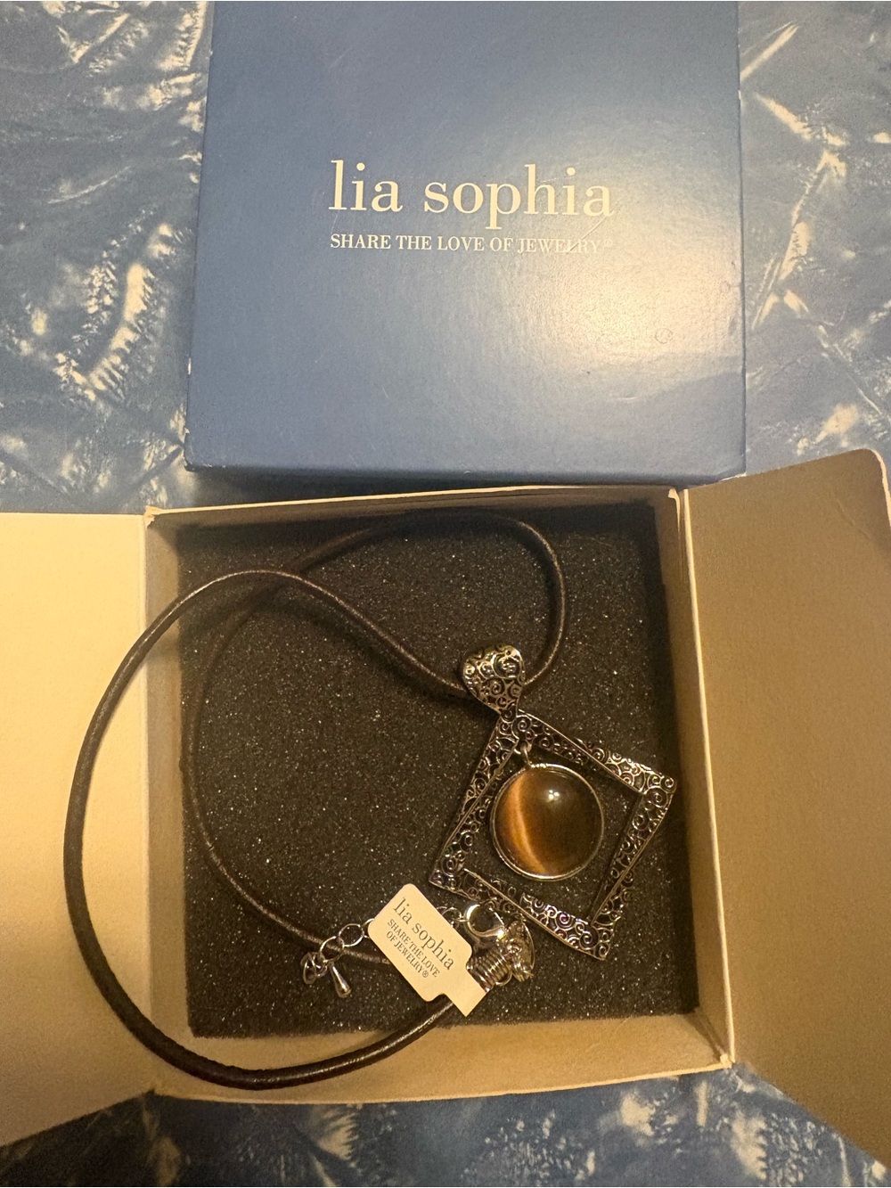 NWT In Box Lia Sophia Silver-Tone Filigree Pendant with Cats Eye Stone
